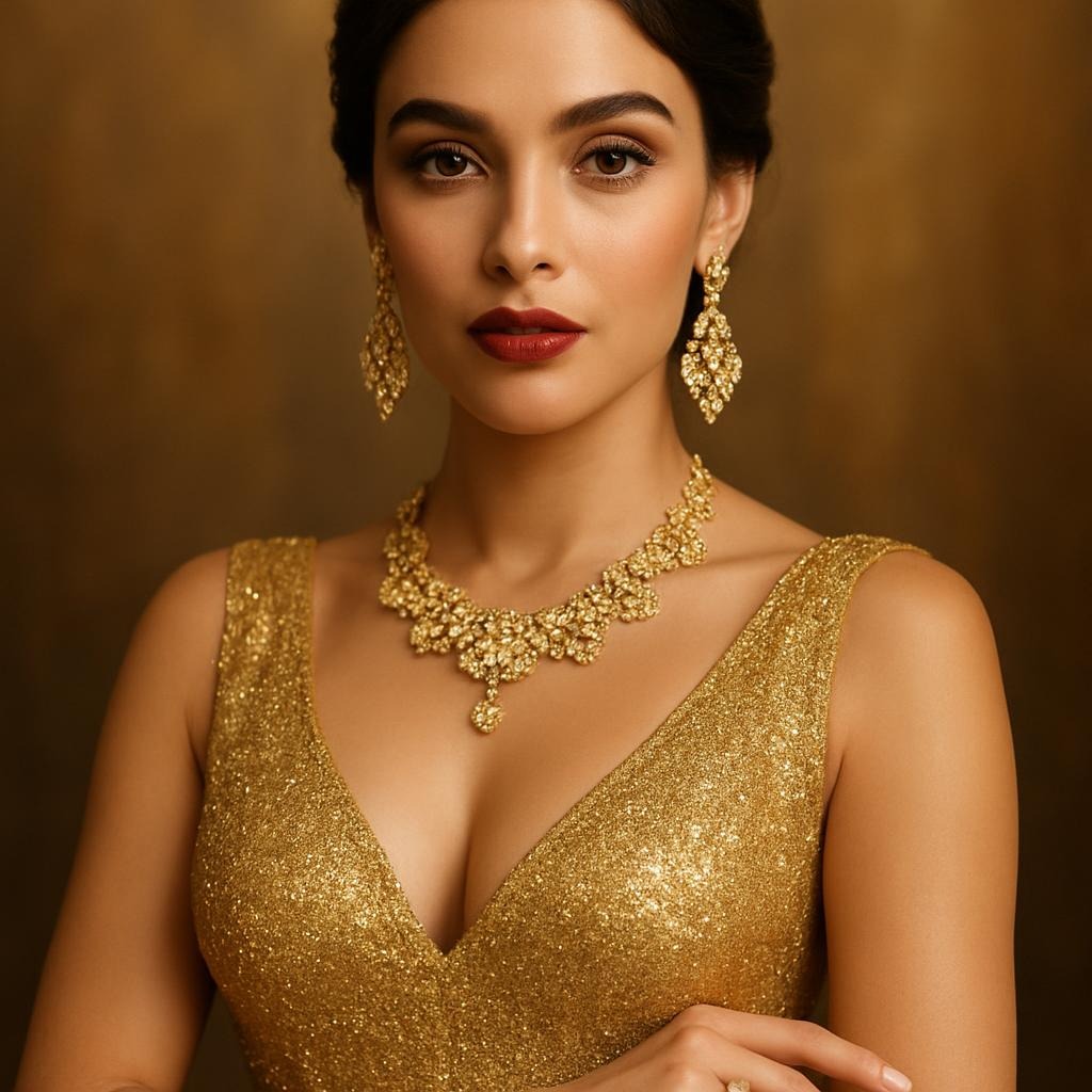 leonina mostrando o que seu signo diz sobre seu estilo com vestido dourado e joias glamourosas