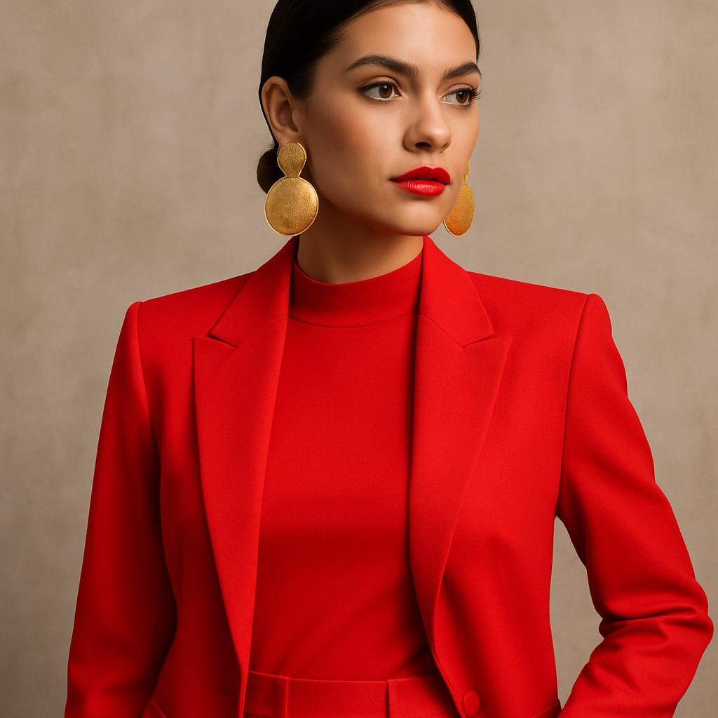 mulher de Áries mostrando o que seu signo diz sobre seu estilo com look vermelho e joias ousadas