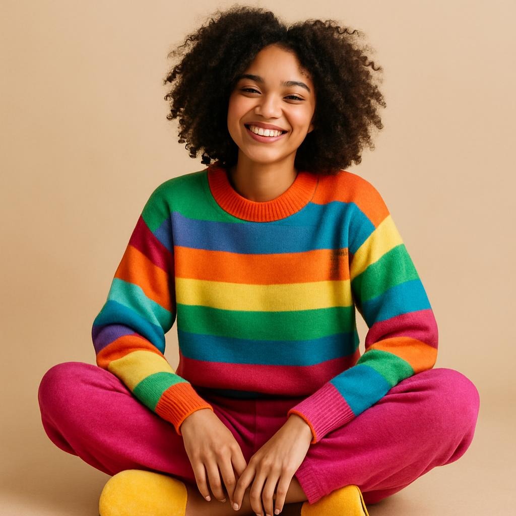 sagitariana mostrando o que seu signo diz sobre seu estilo com look colorido e alegre